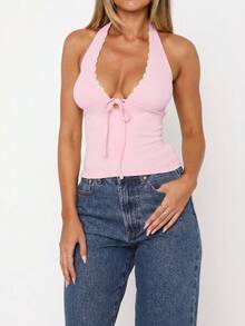 Camiseta sin mangas de mujer con cuello en V con volantes, parches y lazo, de estilo casual en color rosa para el verano - Rosa - Ver 2