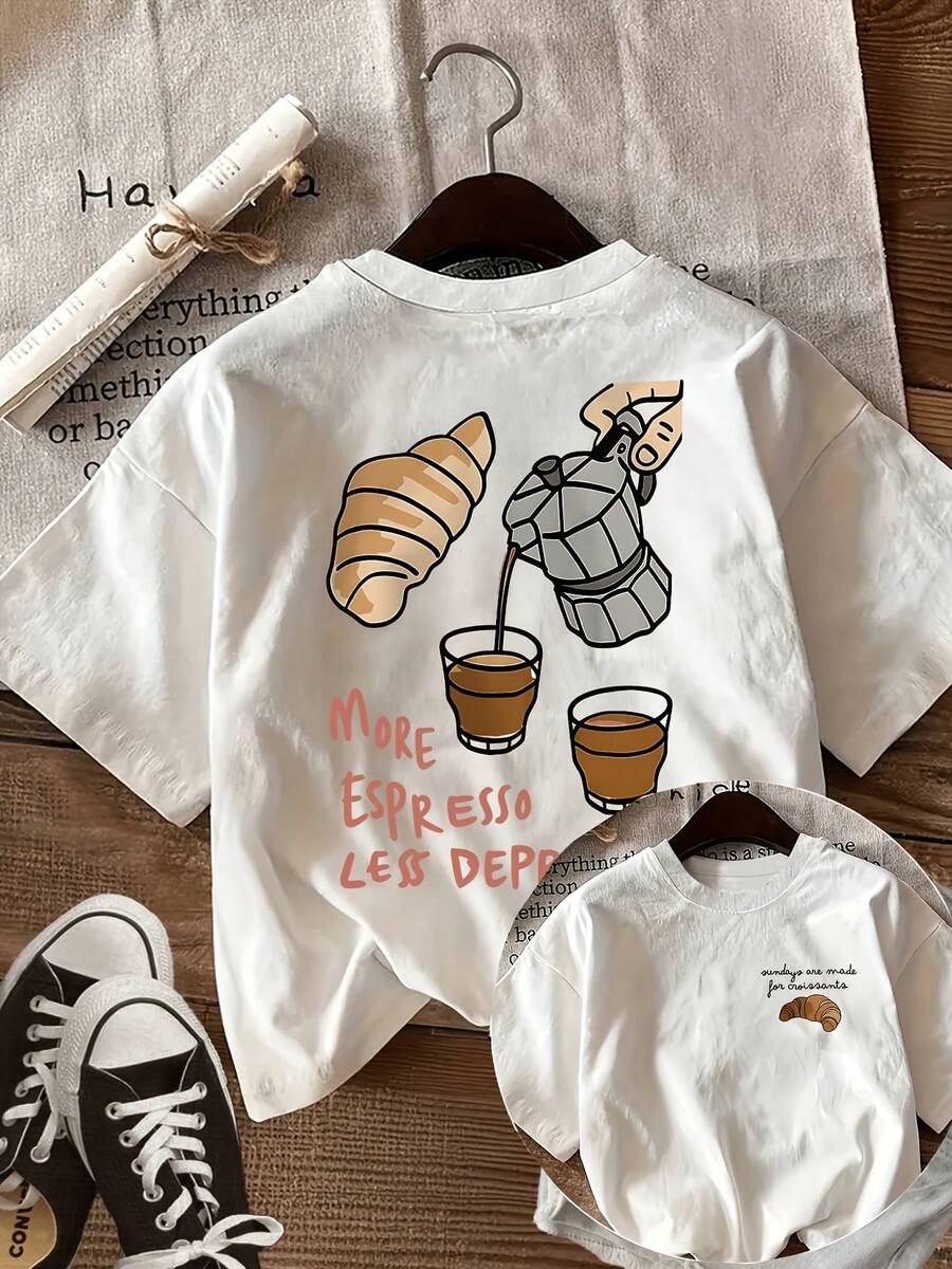 Women's T-Shirt With Coffee Croissant Print And Design On The Front And Back, Loose-Fitting Round Neck Short-Sleeved Top, Suitable For Everyday Wear - Women's T-Shirt - White - View 1