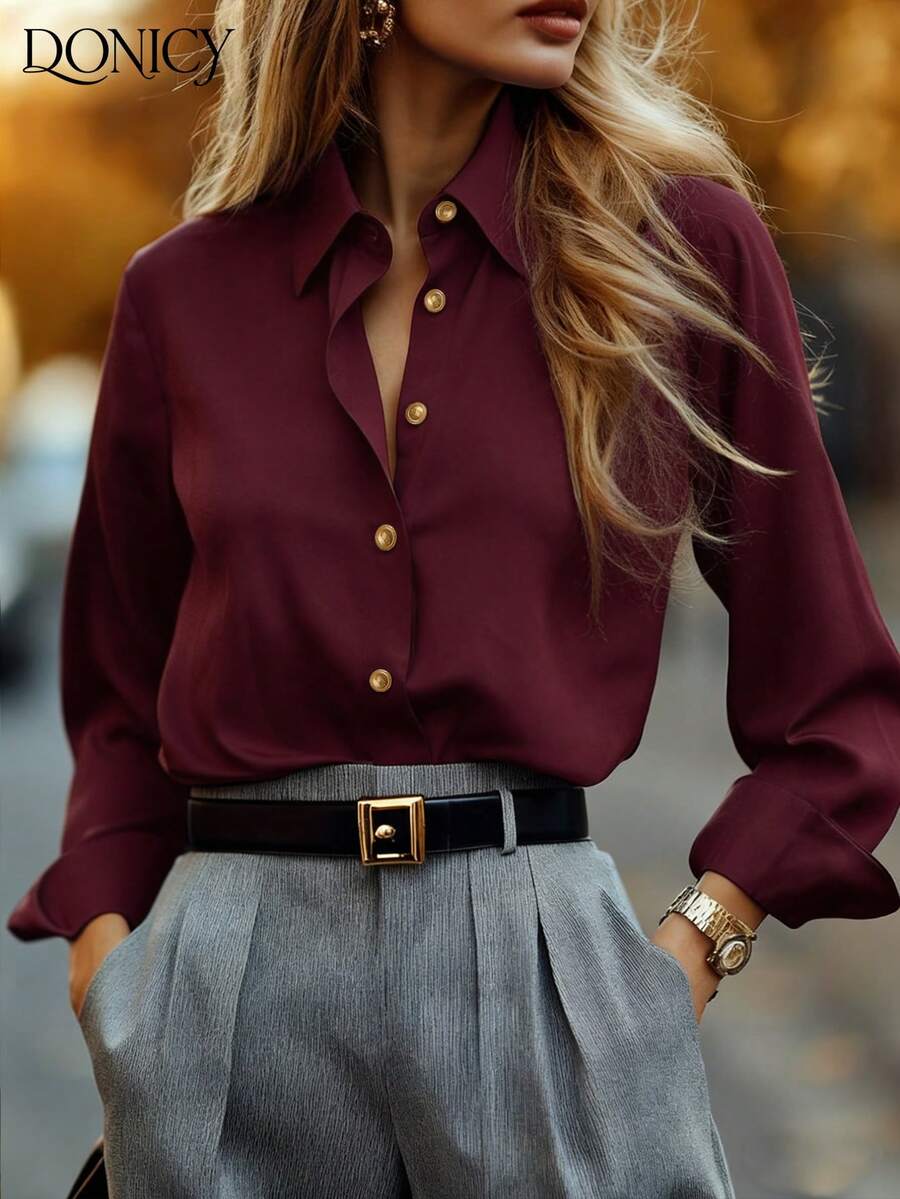 Cárdigan de mujer de un solo botonadura con cuello de camisa, de unicolor. Moda elegante, minimalista y versátil para uso diario. Color vino tinto, apto para uso casual, académico, de negocios, formal, citas y compras.