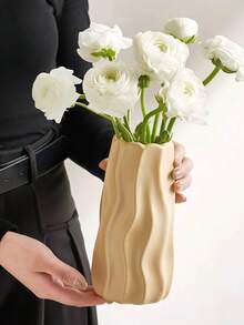 1pc Bohemian Style Beige And White Striped Ceramic Vase With Fresh Flowers - Modern Small Flower Vase Suitable For Pampas Grass, Home Decor For Living Room, Coffee Table Or Bookshelf, Gift, Living Room Decor | Bohemian Style Vase | Ribbed Texture Vase, Vase Decor - Multicolor - View 5