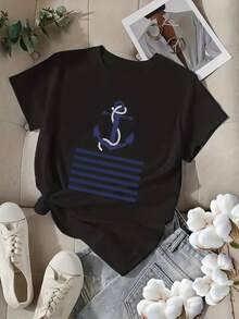 Summer Tops: A Print Design Featuring Nautical Anchors And A Striped Sailboat Pattern. This Is A Short-Sleeved, Casual Top With A Round Neck, Suitable For Spring And Summer. This Breathable Summer T-Shirt Is A Women's T-Shirt That Combines Spring Fashion With The Feel Of A Cotton T-Shirt And A Summer Outfit. - Black - View 6