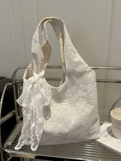 1 pieza Bolso de tela con bordado de encaje blanco, elegante bolso de hombro con lazo, bolso de gran capacidad romántico para compras diarias y viajes de mujeres