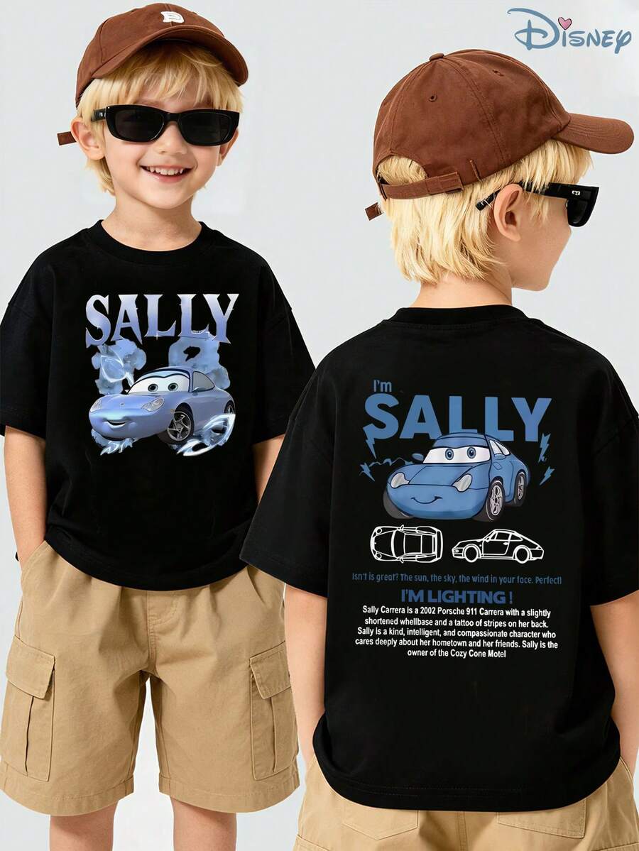 Boys' Disney Cars Sally Carrera Retro Profile Graphic T-Shirt, Kids Vintage Character Intro Tee, Soft Breathable Casual Top For Boys, Ideal For Everyday Wear, Playground, School, Theme Parks, Vacation & Outdoor Activities - 黑色 - 查看 1