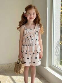 Girls Young Pleated Ruffle Camisole Top + Digital Print Bow Shorts Set, Minimalist 2-Piece Outfit For Girls In Spring/Summer - Apricot - View 2