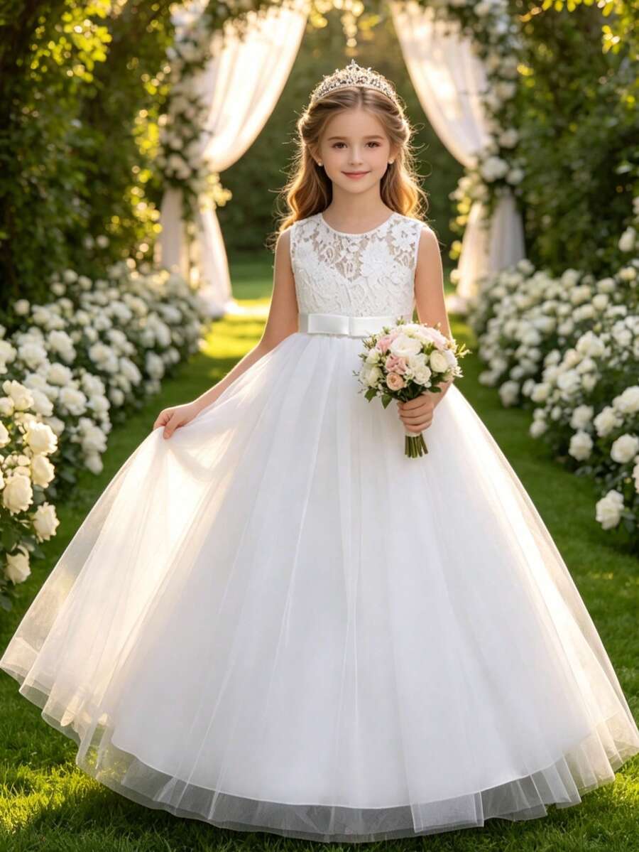 Vestido longo de princesa para dama de honra, vestido para casamento, festa de aniversário, recital de piano, ocasião formal - Branco - Ver 1