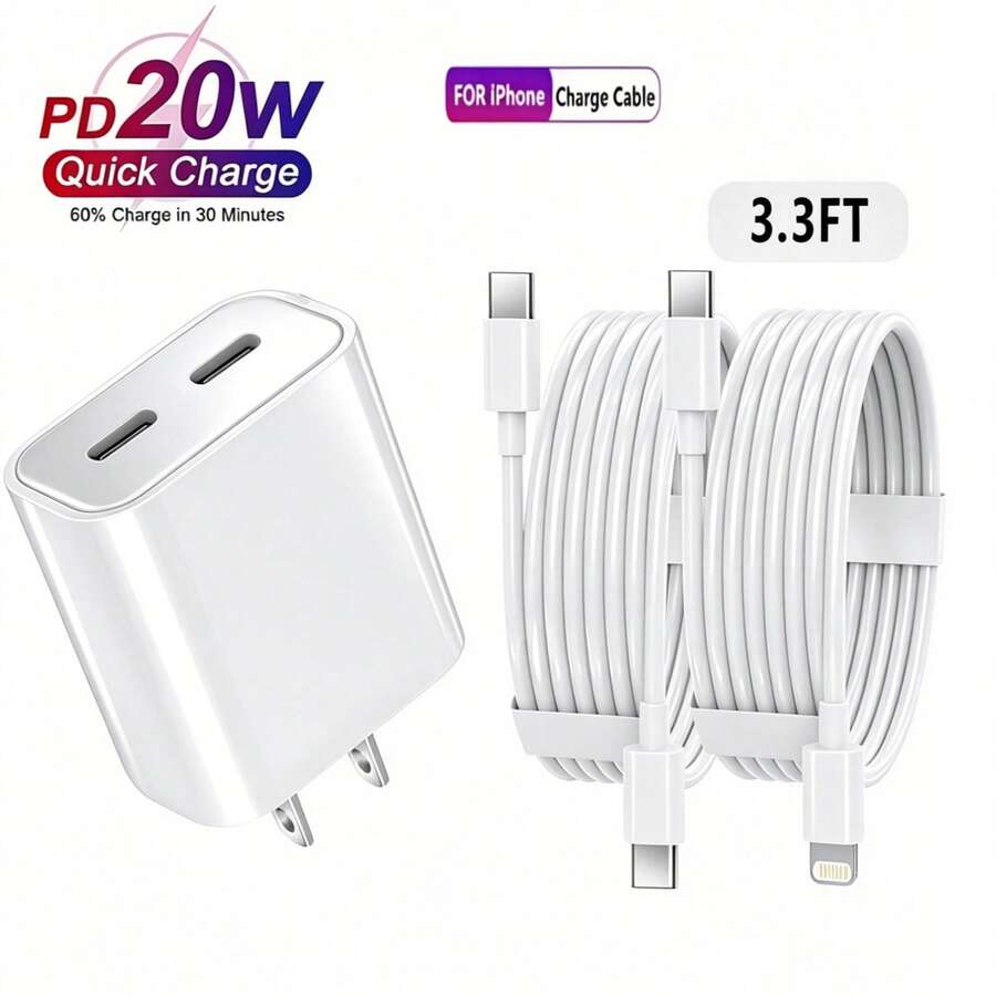 20W USB-C PD 快充套装：20W 双/单口 PD 快充适配器 + 100cm 双 Type-C 高速充电线，兼容 14 Pro Max/14 Pro/14/13 Pro Max/13 Pro/13/12/11/XS/X/XS Max 系列，手机快充适配器套装 - 白色 - 查看 1