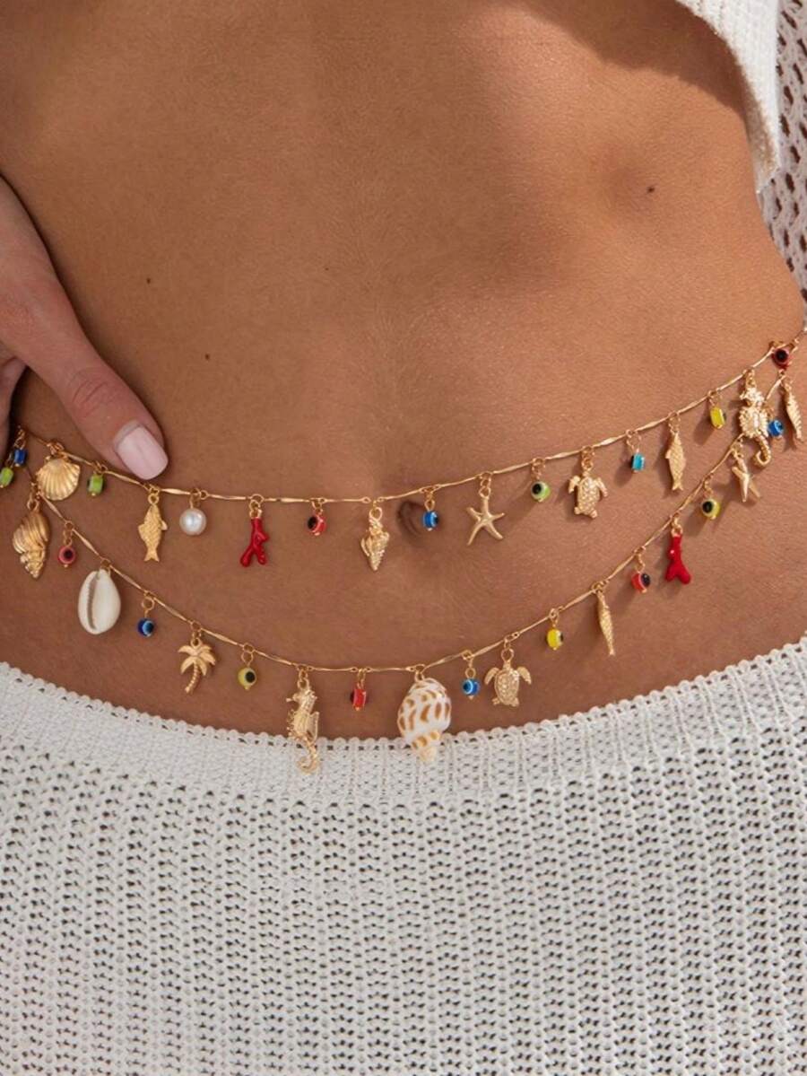 1 pieza Cadena de cintura multicapa con colgante de estilo de vacaciones con concha, caballito de mar, estrella de mar, tortuga y ojo malvado