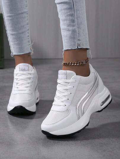  Zapatillas con cuña oculta para mujer Sosenfer, zapatillas deportivas de plataforma de baja altura con cordones, zapatos con aumento de altura, zapatillas deportivas con malla transpirable, tacón alto con cojín de aire, calzado casual ligero y cómodo para todo el año para mujeres y niñas