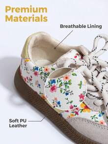 2026 Neue Mädchenschuhe, weicher Blumenstoff und bequemes PU-Mischgewebe, runde Zehenkappe, flache Schnürschuhe. Geeignet für den täglichen Gebrauch, passend für Frühling und Herbst. Süßer und frischer Stil, weiche Sohle Lässig Schuhe für Mädchen. - Gelb - Übersicht 3