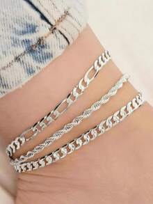 3 buah Gelang Kaki Rantai Multi-Lapisan Emas dengan Desain Unik, Cocok untuk Gaya Pantai dan Streetwear, Pemakaian Sehari-hari untuk Wanita, Hadiah Luar Biasa untuk Teman Wanita - Perak - View 4