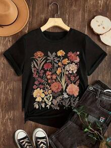 Vintage Black Short-Sleeved Shirt With Floral Pattern Summer Tops - Black - View 1