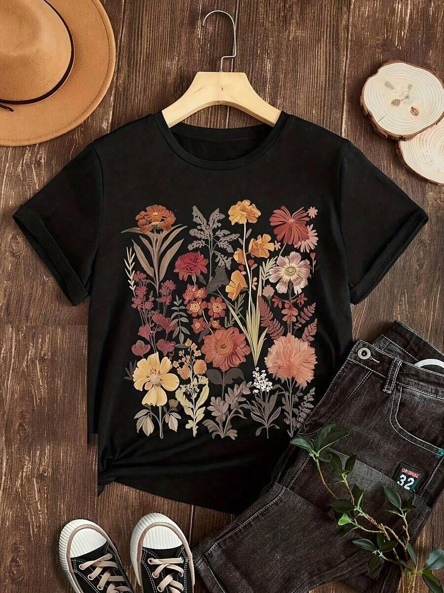 Vintage Black Short-Sleeved Shirt With Floral Pattern Summer Tops - Black - View 1