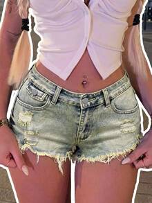 Quần short denim nữ dáng suông, rách nhẹ, có khóa kéo và nút cài, chất liệu co giãn vừa phải, thích hợp cho mùa hè. - Màu xanh lam - Xem 2