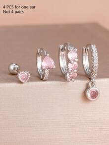 4 pièces/Set Boucles d'oreilles à percer en forme de cœur en zircone cubique rose, Boucles d'oreilles créoles minimalistes en acier inoxydable pour femmes, Bijoux minimalistes - 1-Argent-4PCS - Voir 4