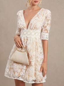 Vestido casual de fiesta con tul transparente, encaje floral y espalda en V, perfecto para look de noche y salidas románticas - Multicolor - Ver 4