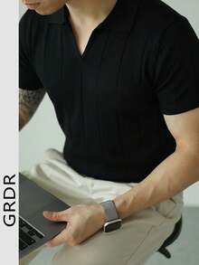 GRDR Chemise à manches courtes côtelée de couleur unie pour hommes, convenant aux tenues d'affaires, aux dîners et aux looks classiques en été - Noir - Voir 3