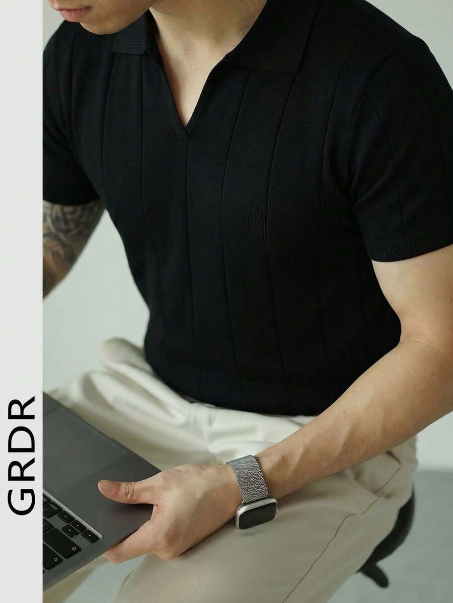 GRDR Men's Classic Solid Color Ribbed Knit Short Sleeve Shirt, Suitable For Business Dining And Classic Outfits In Summer - Black - View 1