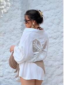 Women's Beach Cover-Up Shirt, Embroidered, Casual, Vacation, Beach Fashion, 3/4 Sleeve, Holiday, Casual, Fabric, Beach, Night, Holiday, Vacation - 白色 - 查看 1
