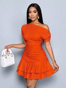Women's One Shoulder Ruffle Dress Slim Fit Solid Color Elegant Stylish Summer Bodycon Midi Dress - Navy Blue - View 8
