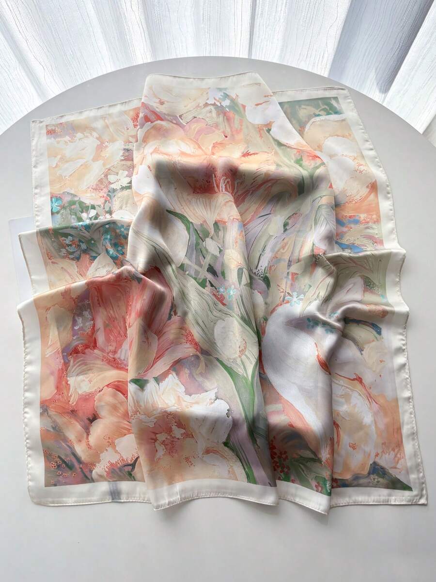 1条2026新款春秋休闲渐变色仿丝印花方巾,尺寸65*65厘米,男女通用,可作头巾披肩,适合户外活动、骑行、约会、购物、派对、母亲节礼物。 - 白色 - 查看 1