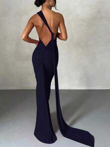Vestido negro elegante de verano con espalda descubierta y drapeado - Azul marino - Ver 5