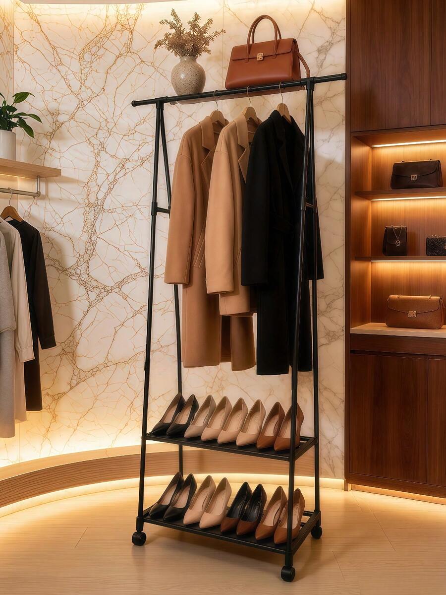 2-In-1 Clothes Rack And Shoe Rack, Bedroom Clothes Rack, Simple Vertical Floor Hanger, Minimalist Clothes Rack, Sturdy And Durable, With A Large Load Capacity, Equipped With Wheels, It Is Easy To Move And Organize. - Lihat 1