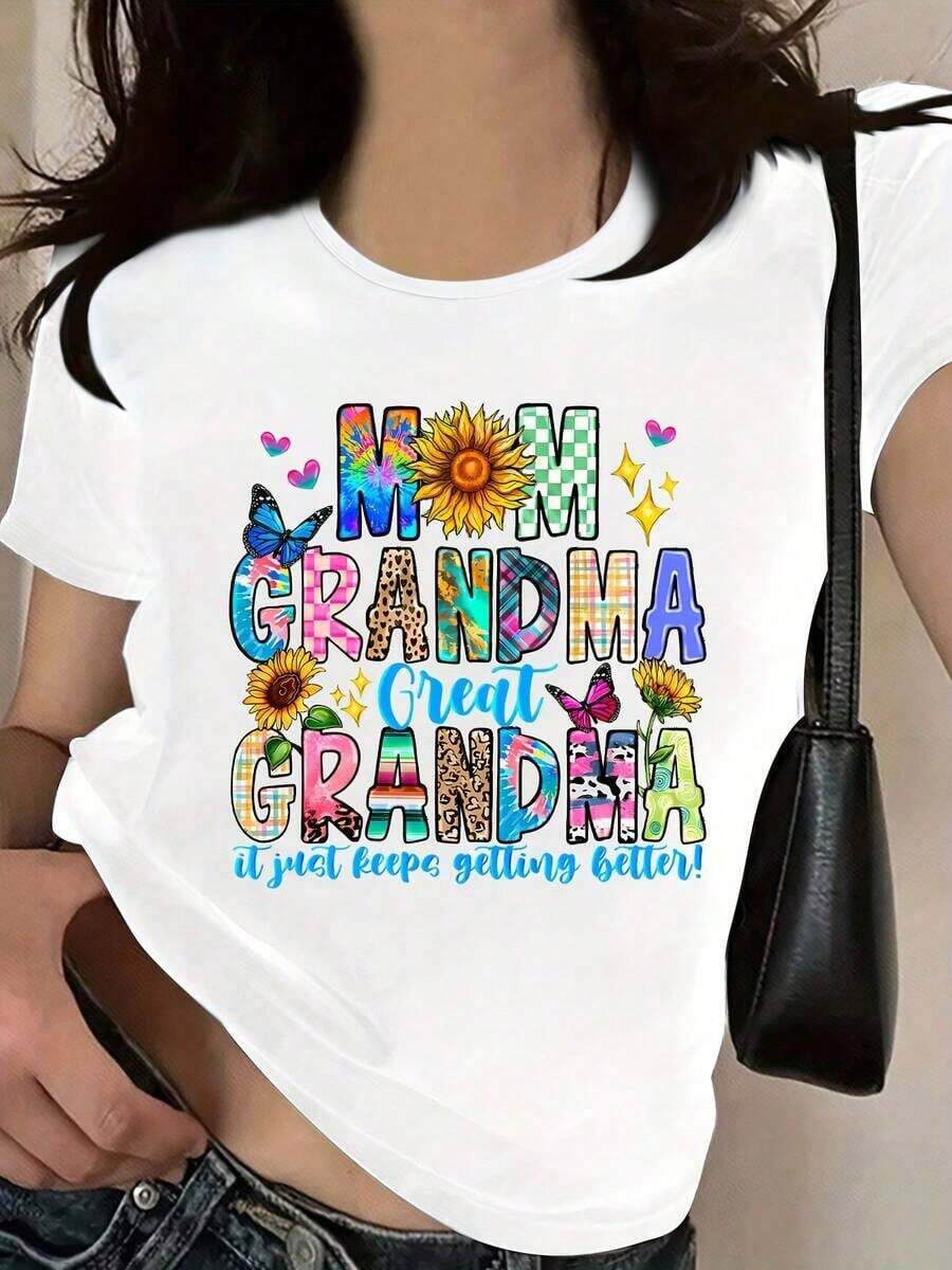 Soft 100% Cotton Women's T-Shirt, Polyester Blend, With A Round Neck And Colorful 'MOM GRANDMA GREAT GRANDMA' Print, Sunflower And Butterfly For Summer, Casual Knit Top With Medium Stretch - Alphabet Pattern. Breathable Cotton T-Shirt, Goes With Everything. - 白色 - 查看 1