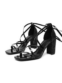 New Summer Sexy Patent Leather Lace-Up Thick High Heel Sandals, Square Toe Criss-Cross Glitter Design, Suitable For Party, Wedding, Date Occasions - Black - View 8
