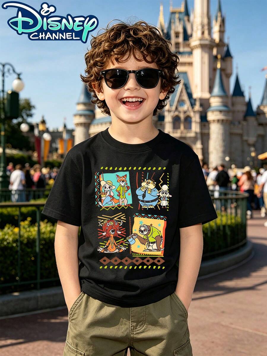 Disney Zootopia Printed Patterns Suitable For Boys And Girls T Shirts Childrens Clothing Design Casual And Versatile Short Sleeve Style Comfortable Casual Wear For The Whole Year Ideal For Parties And Play Machine Washable Kids Clothing Gifts Boys Short Sleeves - màu đen - Xem 1