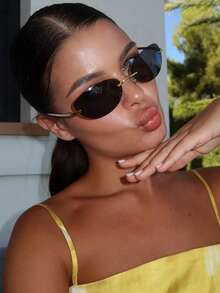 1 pieza Gafas ovaladas sin marco personalizadas, gafas multifuncionales retro Y2K grandes para mujer, adecuadas para viajes, vacaciones, regalo, uso diario, accesorio de playa - Negro - Ver 4