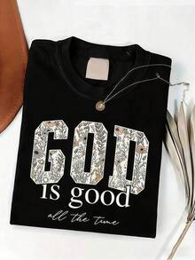1pc Women Clothes Floral Letter Print Black TShirt, Unisex Casual Crew Neck Tshirt, Lightweight 220gsm Knit Fabric, Machine Washable, For Spring/Summer/Fall Christmas/Thanksgiving/Easter - 黑色 - 查看 1