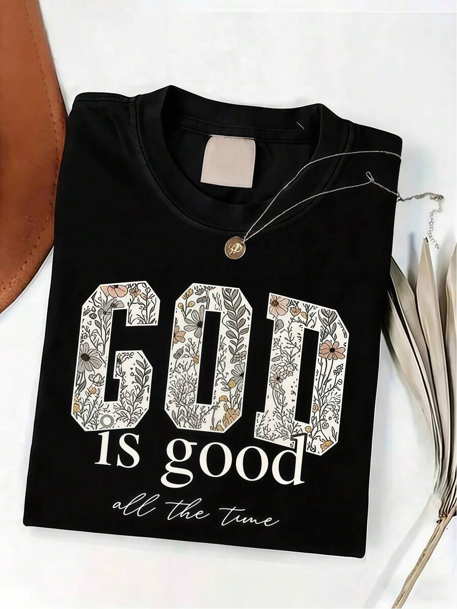 1pc Women Clothes Floral Letter Print Black TShirt, Unisex Casual Crew Neck Tshirt, Lightweight 220gsm Knit Fabric, Machine Washable, For Spring/Summer/Fall Christmas/Thanksgiving/Easter - 黑色 - 查看 1