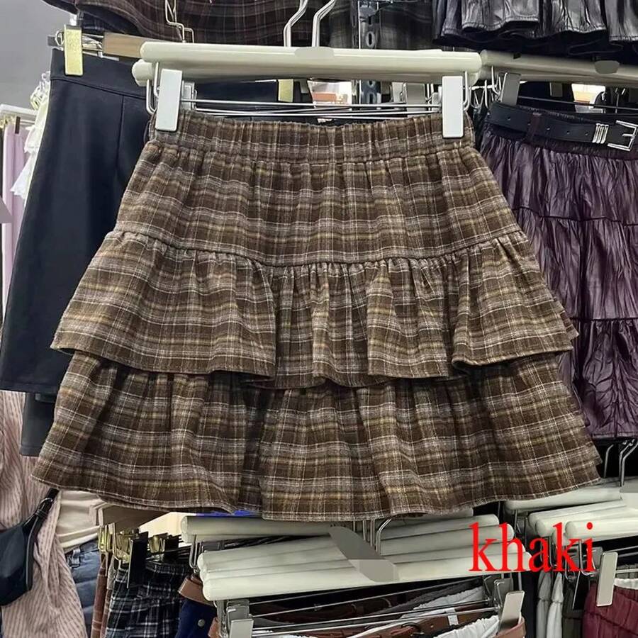 Falda japonesa Y2K con volantes a cuadros, estilo punk rock, subcultura, estilo preppy japonés, informal, nueva colección 2026 para mujer - 1618 Caqui - Ver 1