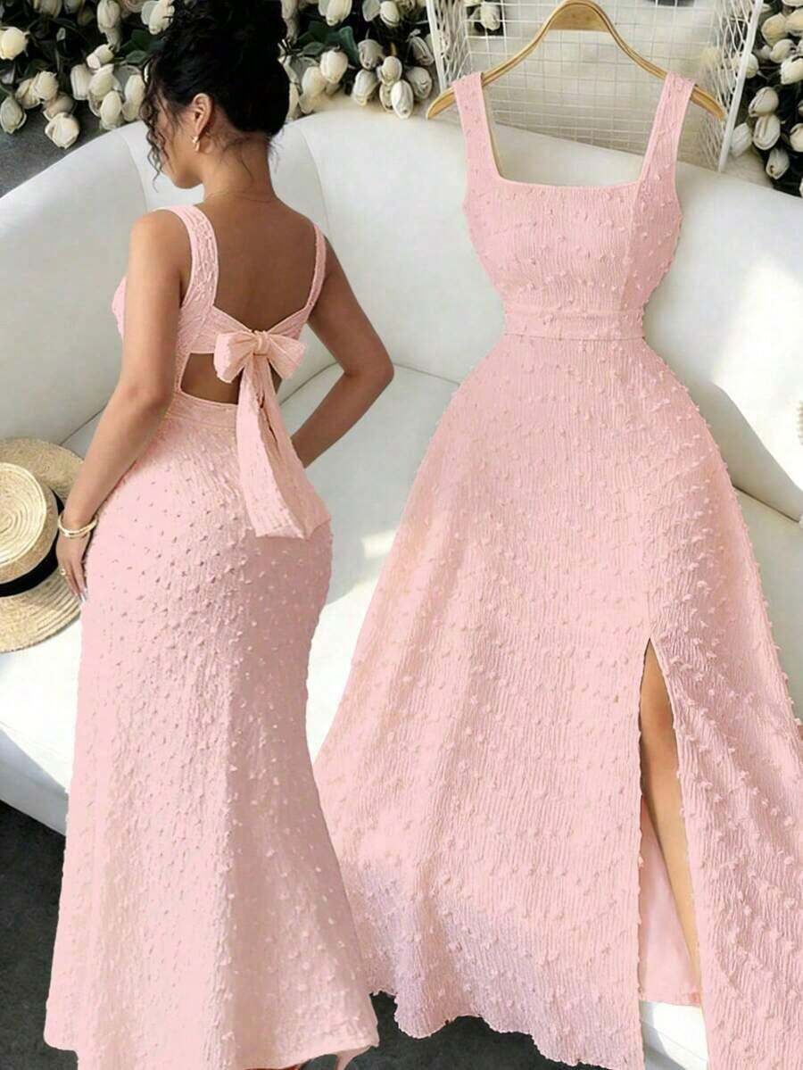 1Elenzga New Sleeveless Square Neck Textured Knit Dress With Open Back Butterfly Tie Design, Elegant Fitted Party Dress - Bụi hồng - Xem 1
