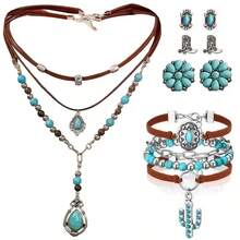 8pcs Set Women's Retro Turquoise Pendant Necklace Earrings Bracelet Set,Layered Necklace Artificial Leather Wristband Country Music Cowboy Accessories - Baby Blue - View 6