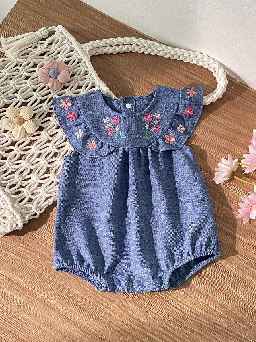 Baby Cap Sleeve Romper, Sweet Floral Embroidery + Loose Fit, Convenient For Diaper Change - Blue - View 1