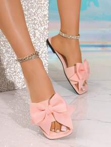 Bowknot Slip-On Flat Sandals, Comfortable Versatile Vacation Style Beach Slippers - Baby Pink - View 2