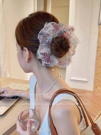 1pc Pink Floral Mesh Scrunchie, Luxury Oversized Hair Tie, Elegant Hair Accessory Buns Y5AW
