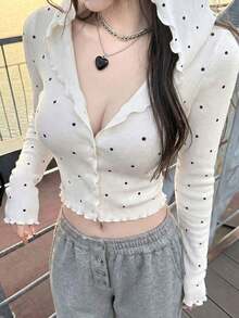 2026甜美少女风波点印花女士针织开衫，连帽长袖罗纹荷叶边下摆修身短款针织上衣，温柔淑女针织衫，春夏休闲通勤、情人节、母亲节下午茶穿搭 - 白底黑點 - 查看 3