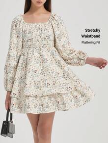EXARUS Girls' Floral Print Square Neck Puffy Long Sleeve Pleated Waist Layered Ruffle Flowing A-Line Mini Skater Dress Casual Party Sun Dress For Teenagers 8-14 Years Old - 淺卡其小花 - 查看 5