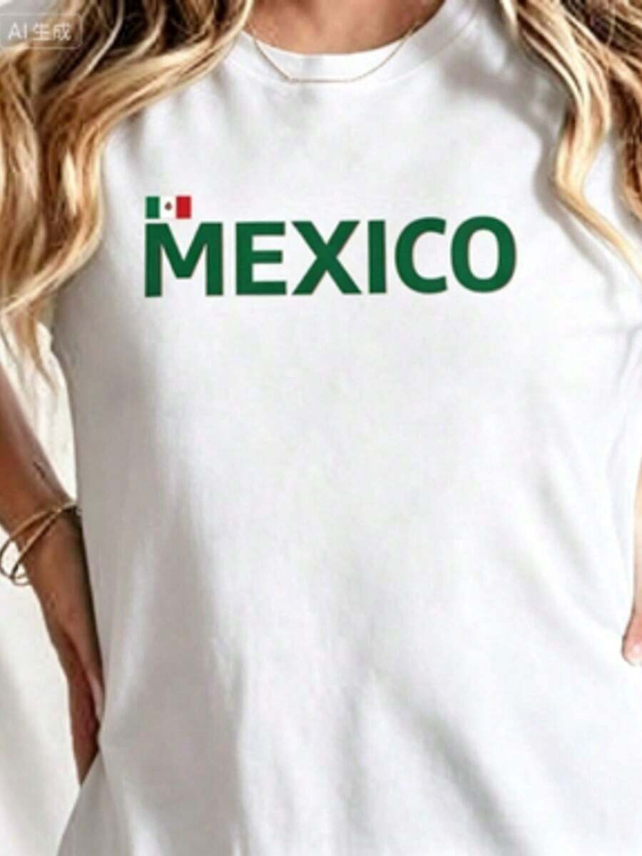 Under The Radar Women's MEXICO Graphic T-Shirt - Casual Green Crew Neck Flag Design Short Sleeve Spring Summer Fashion Casual Wear Graphic T-Shirt Crew Neck Shirt 100% Cotton - Vintage Street Style Unisex Loose Cotton Short Sleeve Crew Neck T-Shirt - 白色 - 查看 1