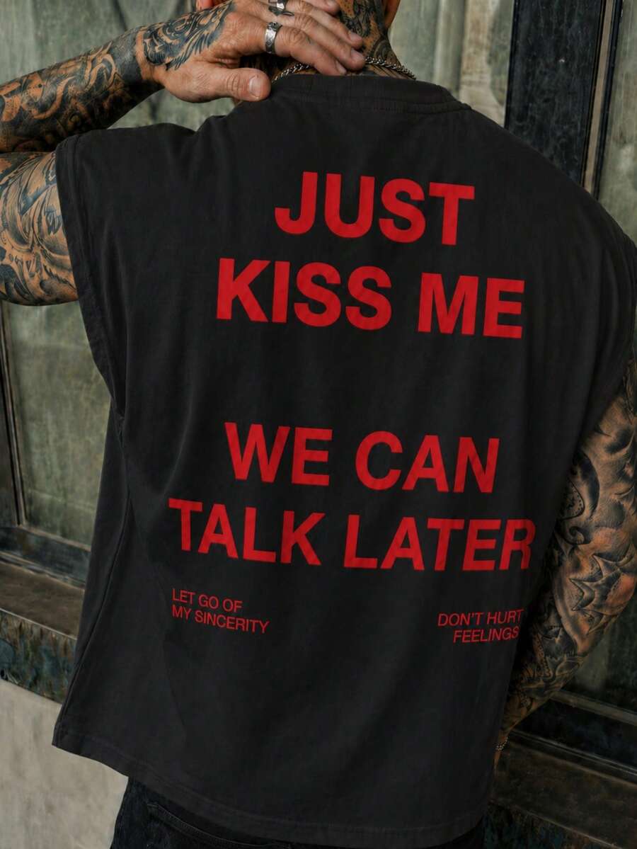 男士夏季休闲派对健身无袖背心，宽肩带，背面印有“Just We Can Talk Later”字样，红色 - 黑色 - 查看 1