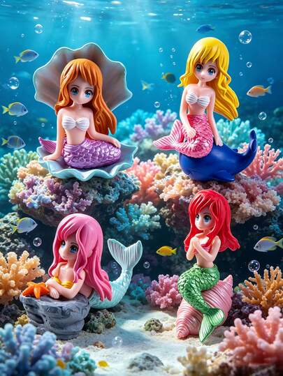 4pcs Mermaid Fairy Decorations, Mini Resin Figurines, Fairy, Resin Mermaid Aquarium Decor, Micro Landscape Decor, Small Statues, Fairy Garden, Flower Pot, Garden Decor, Desktop Decor, Home Decor, Suitable For Birthday Party, Ocean Theme Party, Party Supplies, Birthday Gift