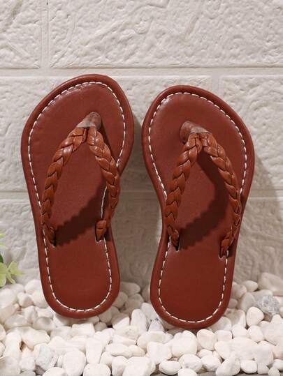 1 Pair Black Infant/Toddler Kids' Flip Flops, Solid Color Soft PU Woven Strap, Round Toe Flat Non-Slip Slip-On Design, Fashion Minimalist Beach Style Sandals, Suitable For 3-12 Years Old Boys And Girls Daily, Beach, Holiday, Party