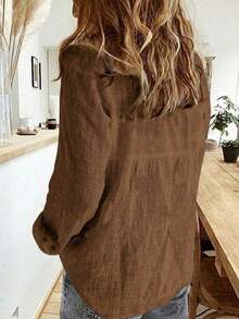 Solid Button-Down Shirt, Elegant Long Sleeve Floral Print Collared Blouse - Brown - View 2