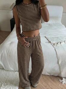Conjunto de 2 piezas para mujer, top sin mangas a rayas y pantalones, casual - Marrón - Ver 3