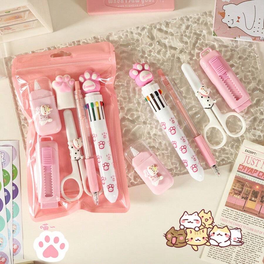 粉色猫爪可爱文具套装，少女心学生奖励奖品，创意多件文具批发组合 - 彩色 - 查看 1