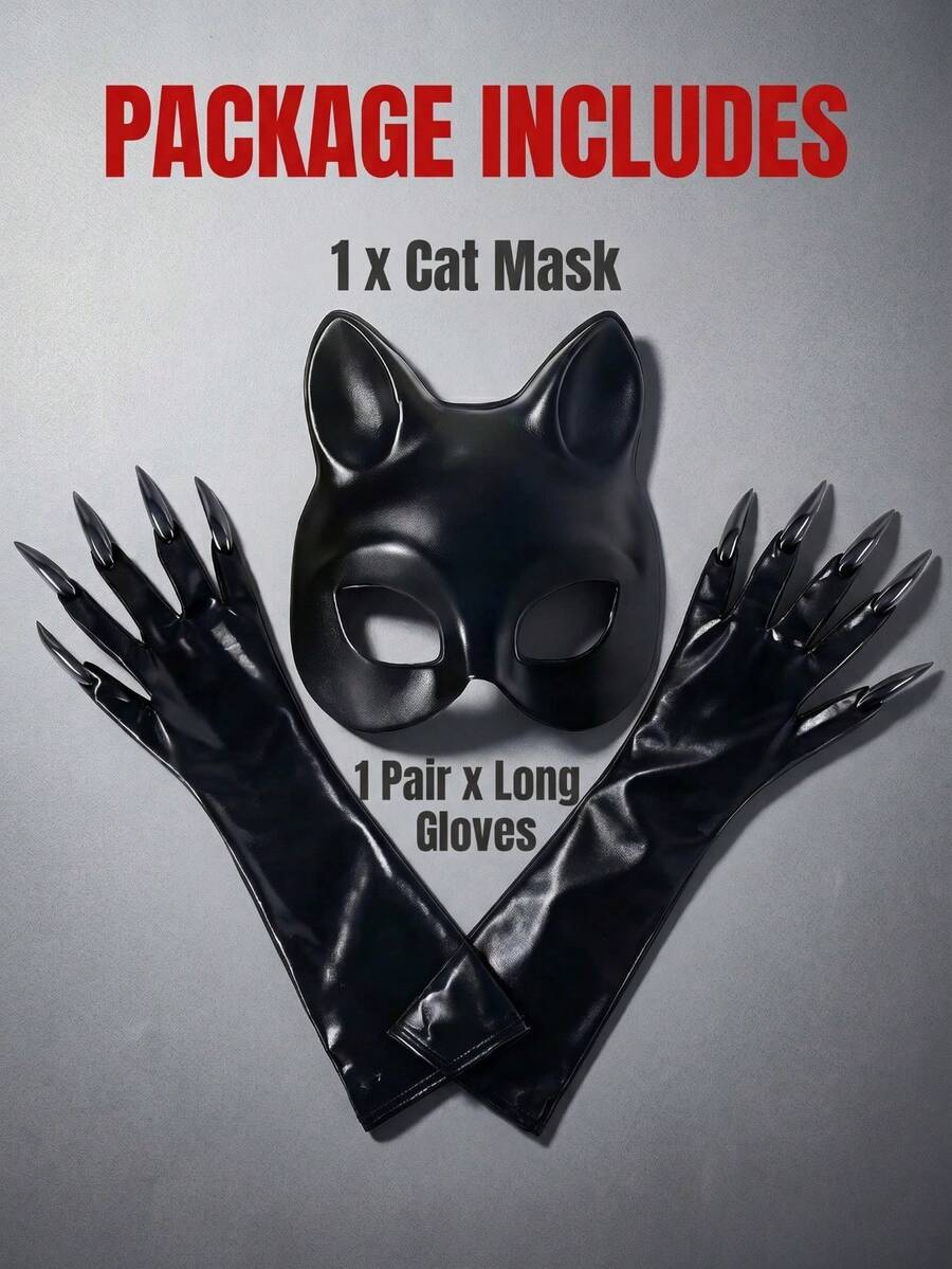 1 Set Máscara y Guantes de Gato Negro, Adecuado para Baile de Máscaras, Discoteca, Bar, Fiesta de Festival - Negro - Ver 1