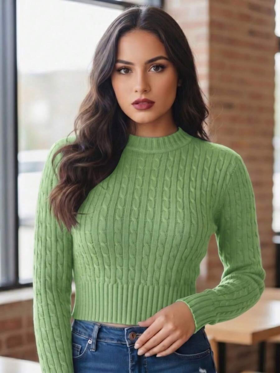 Women's Cropped Textured Knit Long Sleeve Ribbed Knit Top - Autumn/Winter Fashion - Verde - Ver 1
