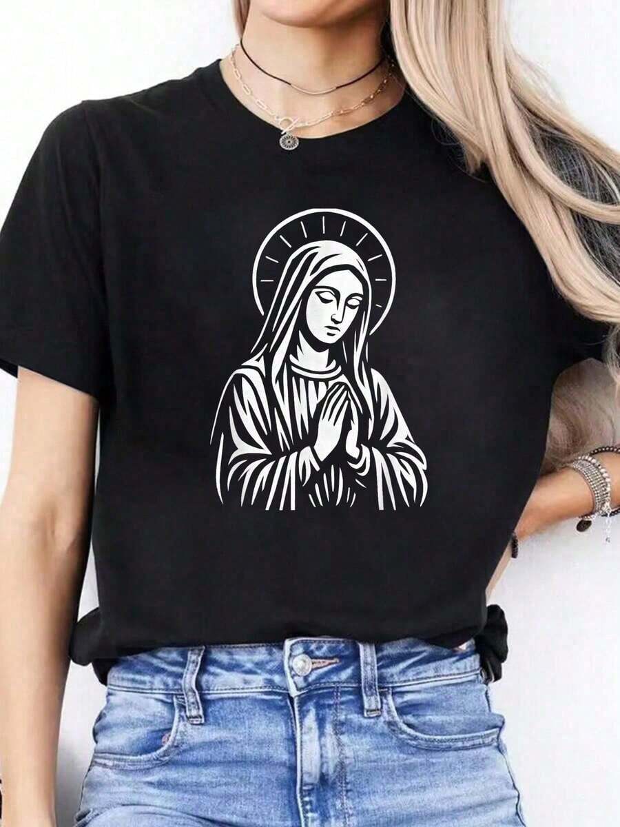 Camiseta con Diseño de la Virgen María en Oración - Camiseta Religiosa Católica Espiritual para Mujer - Transpirable y Cómoda, Cuello Redondo - Estilo Urbano Vintage, Unisex, de Algodón, Manga Corta, Cuello Redondo - Negro - Ver 1